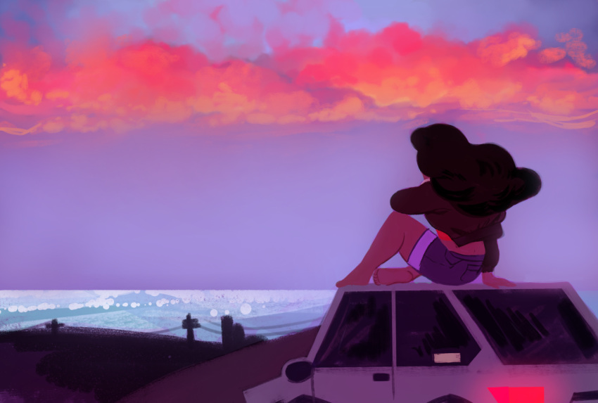 1other brown_hair car cloud cropped_shirt dark_skin evening foxboros ground_vehicle horizon jacket long_hair looking_afar motor_vehicle ocean on_vehicle red_clouds shorts sitting solo steven_universe stevonnie_(steven_universe)