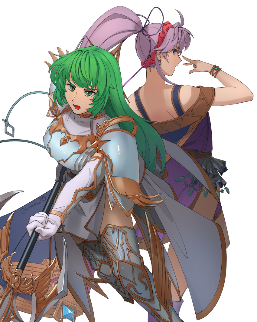 2girls armor asagi_(banzoku210) blue_eyes breastplate cape dress elbow_gloves erinys_(fire_emblem) fire_emblem fire_emblem:_genealogy_of_the_holy_war gloves green_eyes green_hair hair_ribbon highres holding holding_weapon jewelry long_hair looking_back multiple_girls polearm ponytail purple_hair ribbon shoulder_armor simple_background spear tailtiu_(fire_emblem) weapon white_armor white_background