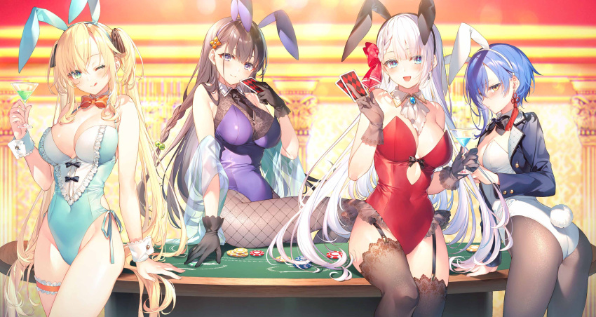 4girls ;q absurdres animal_ears aqua_leotard ass bare_arms bare_legs bare_shoulders black_gloves black_hair black_jacket black_legwear blazer blonde_hair blue_eyes blue_hair bow bowtie braid breasts brown_legwear card cleavage closed_mouth cocktail_glass commentary covered_navel cowboy_shot cup detached_collar drinking_glass elfine_phillet fake_animal_ears fake_tail fishnet_pantyhose fishnets frills garter_straps gloves green_eyes groin hair_bobbles hair_flowing_over hair_ornament hair_ribbon hair_spread_out hairband hand_up highleg highleg_leotard highres holding jacket large_breasts leotard long_hair long_sleeves looking_at_viewer maid maid_leotard medium_breasts multiple_girls novel_illustration official_art one_eye_closed open_clothes open_jacket orange_eyes out_of_frame pantyhose playboy_bunny playing_card poker_chip poker_table purple_eyes purple_leotard rabbit_ears rabbit_tail red_leotard regina_mercedes ribbon riselia_ray_crystalia sakuya_sieglinde seiken_gakuin_no_maken_tsukai shawl sitting sitting_on_table smile spaghetti_strap standing table tail thigh_strap thighs tongue tongue_out toosaka_asagi twintails twisted_torso unconventional_maid very_long_hair white_hair white_leotard wrist_cuffs