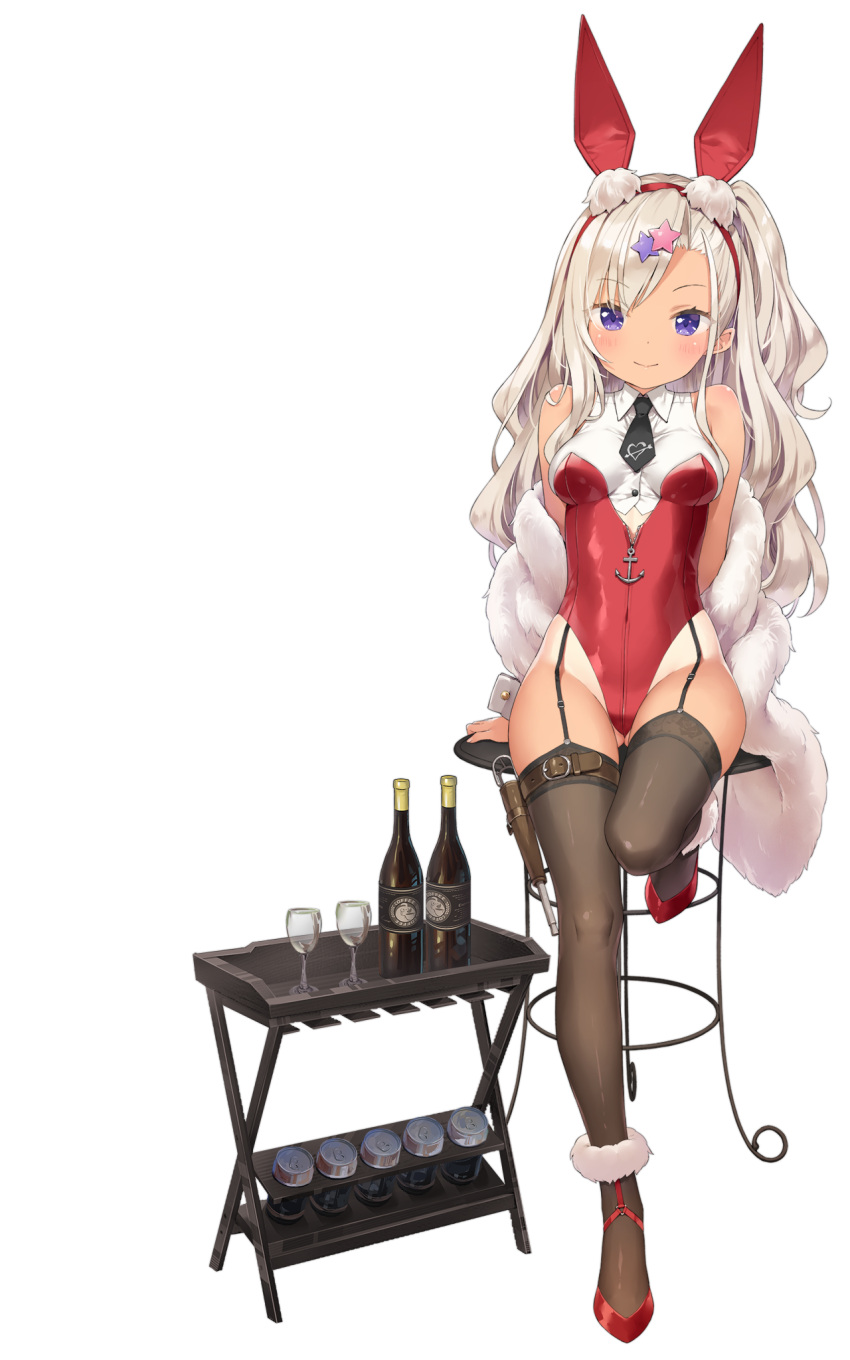 animal_ears archerfish_(azur_lane) archerfish_(coquettish_bunny)_(azur_lane) azur_lane bare_shoulders bird black_thighhighs blonde_hair bottle breasts chick closed_mouth cocktail_glass cup drinking_glass fake_animal_ears feather_boa female garter_straps hairband highleg highleg_leotard highres kani_biimu leg_up leotard long_hair looking_at_viewer manjuu_(azur_lane) medium_breasts necktie off_shoulder official_alternate_costume official_art one_side_up playboy_bunny purple_eyes rabbit_ears red_footwear red_leotard shoes short_necktie sitting smile solo stool tan tanlines thighhighs thighs transparent_background wavy_hair wing_collar