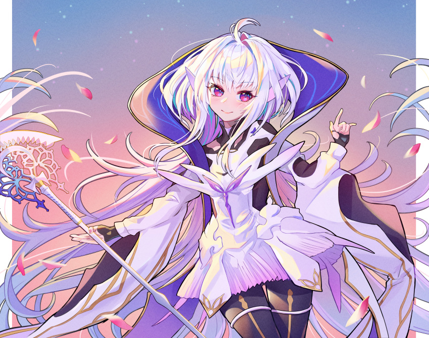 absurdres ahoge black_gloves black_pants breasts fate/grand_order fate/grand_order_arcade fate/prototype fate_(series) female fingerless_gloves gloves highres holding holding_staff laon long_hair long_sleeves looking_at_viewer medium_breasts merlin_(fate/prototype) merlin_(fate/prototype)_(third_ascension) pants purple_eyes robe smile solo staff thighs very_long_hair white_hair white_robe wide_sleeves