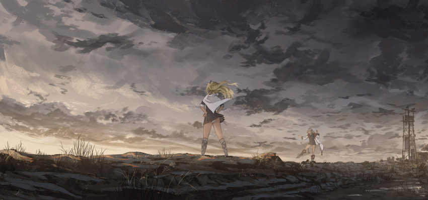 2girls american_flag american_flag_legwear american_flag_print azur_lane blonde_hair blue_skirt boots cape cleveland_(azur_lane) cloud cloudy_sky danzir denver_(azur_lane) flag_print from_behind grey_hair hands_on_own_hips highres multiple_girls outdoors panties pantyshot scenery skirt sky underwear wind wind_lift