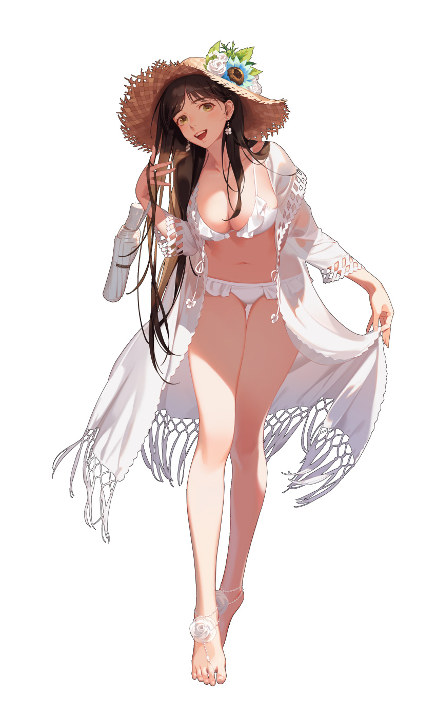 :d absurdres barefoot barefoot_sandals_(jewelry) bikini black_survival blush breasts brown_hair collarbone earrings female flower full_body gweon_sua hat hat_flower highres holding holding_clothes jewelry large_breasts leaf legs lips long_hair looking_at_viewer navel official_alternate_costume official_art open_clothes open_mouth shadow smile solo standing stomach straw_hat sunlight swimsuit teeth toenails transparent_background umbrella upper_teeth_only white_bikini white_footwear white_umbrella yamakawa