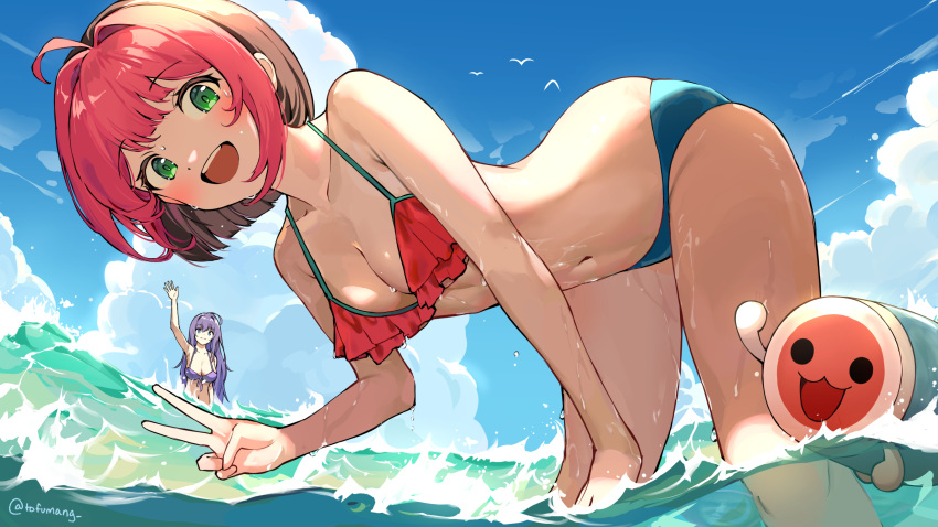 2girls :d ahoge alisa_(osu!) arm_up beach bent_over bikini black_hair blue_eyes blue_sky breasts cleavage cloud collarbone frilled_bikini frills green_eyes highres large_breasts medium_breasts multicolored_hair multiple_girls navel osu! outdoors pink_hair pippi_(osu!) purple_bikini purple_hair second-party_source simple_bird sky smile solo_focus summer swimsuit taiko_no_tatsujin teeth tofumang twitter_username two-tone_hair upper_teeth_only v wada_don wading waves waving wet