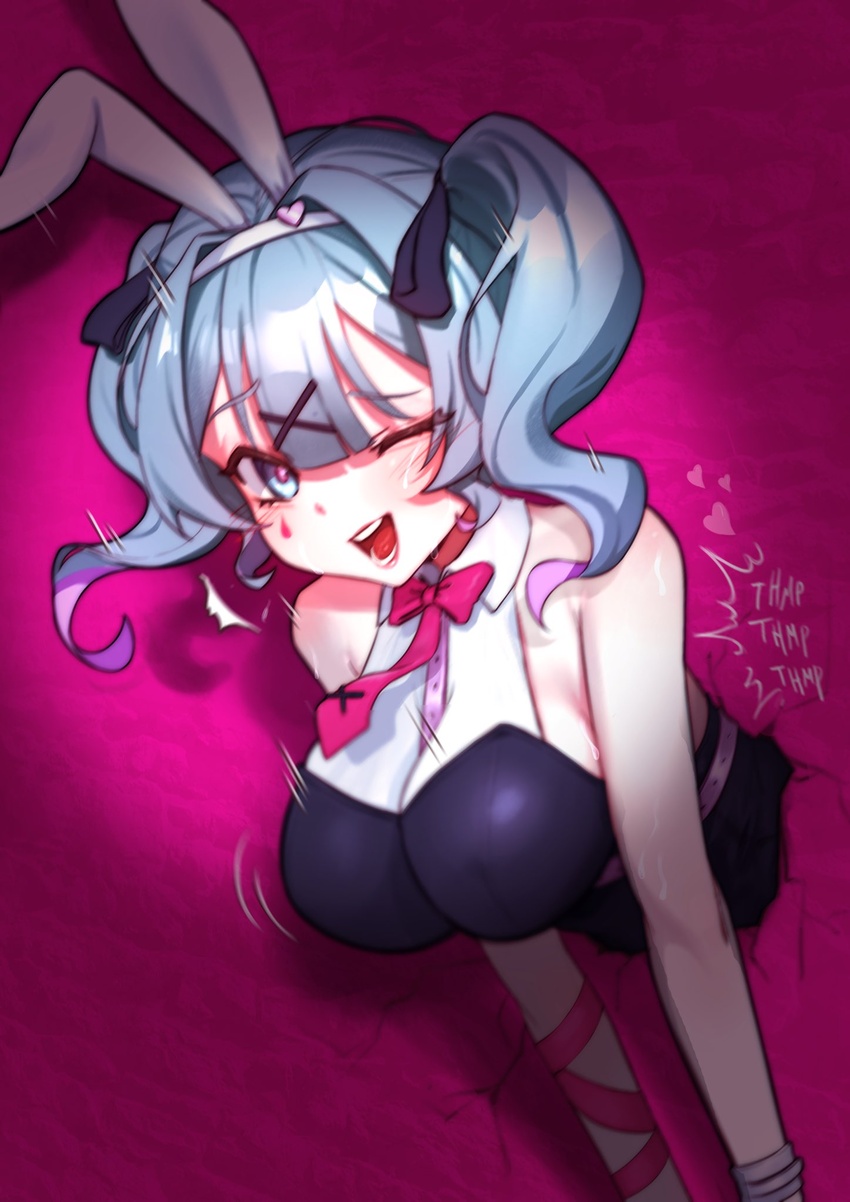 animal_ears bare_shoulders black_leotard blue_eyes blue_hair bow breasts fake_animal_ears female hair_ornament hatsune_miku heart highres implied_sex large_breasts leotard looking_at_viewer one_eye_closed open_mouth playboy_bunny rabbit_ears rabbit_hole_(vocaloid) slewpie smile solo speed_lines teardrop_facial_mark through_wall twintails vocaloid x_hair_ornament