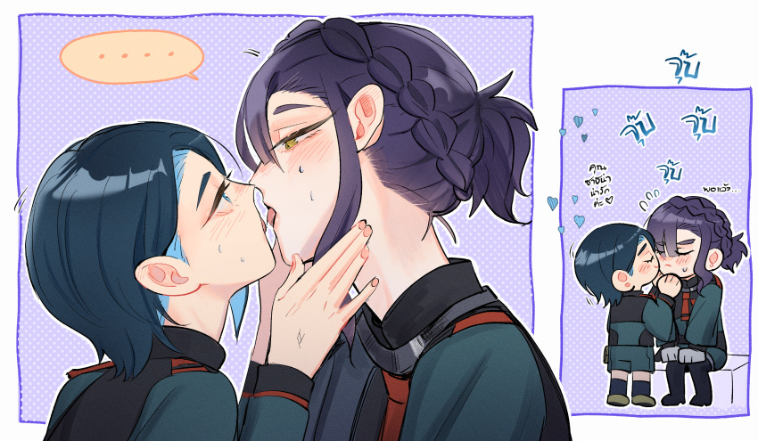 ... 2girls after_kiss asticassia_school_uniform blue_eyes blue_hair blush braid closed_eyes colored_inner_hair commentary_request ear_blush eye_contact gundam gundam_suisei_no_majo hand_on_another's_neck heart highres kissing kissing_cheek looking_at_another maybecrosswise multicolored_hair multiple_girls nika_nanaura purple_hair sabina_fardin saliva saliva_trail school_uniform short_hair shoulder_boards sitting spoken_ellipsis sweat tongue tongue_out translation_request two-tone_hair yuri