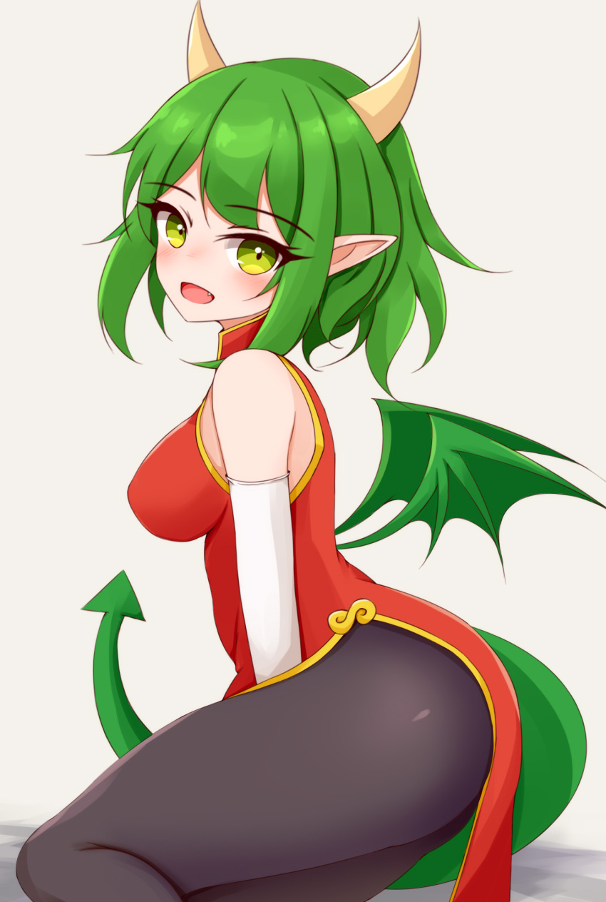 2024 asian_clothing ass ayatori black_clothing black_legwear black_pantyhose blush blush_lines breasts chinese_clothing chinese_dress clothed clothing digital_media_(artwork) draco_centauros dragon_tail dragon_wings dress east_asian_clothing female green_eyes green_hair hair hi_res horn humanoid humanoid_pointy_ears legwear looking_at_viewer open_mouth pantyhose reptile_tail simple_background sitting solo tail white_background wings