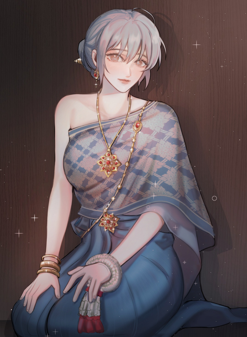 absurdres blue_skirt bracelet brown_eyes closed_mouth commentary earrings english_commentary female grey_hair hair_bun highres jewelry looking_at_viewer maybecrosswise necklace original seiza single_bare_shoulder sitting skirt solo sparkle