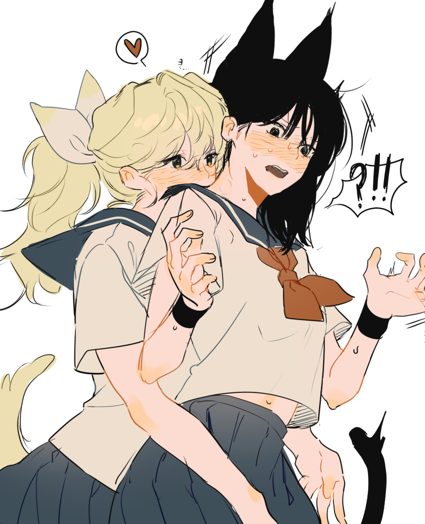 !? 0820_lakia 2girls absurdres animal_ears black_eyes blonde_hair blue_sailor_collar blue_skirt blush brown_eyes cat_ears cat_girl cat_tail commentary dog_ears dog_girl dog_tail hair_ribbon hand_on_another's_thigh hands_up heart highres long_hair multiple_girls neckerchief original pleated_skirt red_neckerchief ribbon sailor_collar school_uniform serafuku shirt short_sleeves simple_background skirt spoken_heart spoken_interrobang sweatdrop symbol-only_commentary tail white_background white_ribbon white_shirt yuri