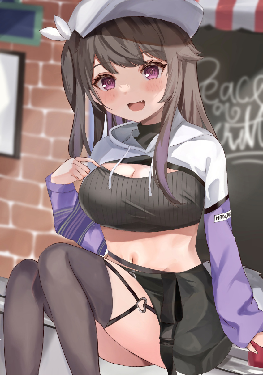 absurdres azur_lane black_skirt breasts brown_hair brown_thighhighs casual cleavage cleavage_cutout clothing_cutout day female highres long_sleeves medium_breasts midriff miniskirt navel official_alternate_costume open_mouth outdoors pamiat_merkuria_(azur_lane) pamiat_merkuria_(chic_and_cheeky)_(azur_lane) purple_eyes sitting skirt solo thighhighs watage_tanpopo