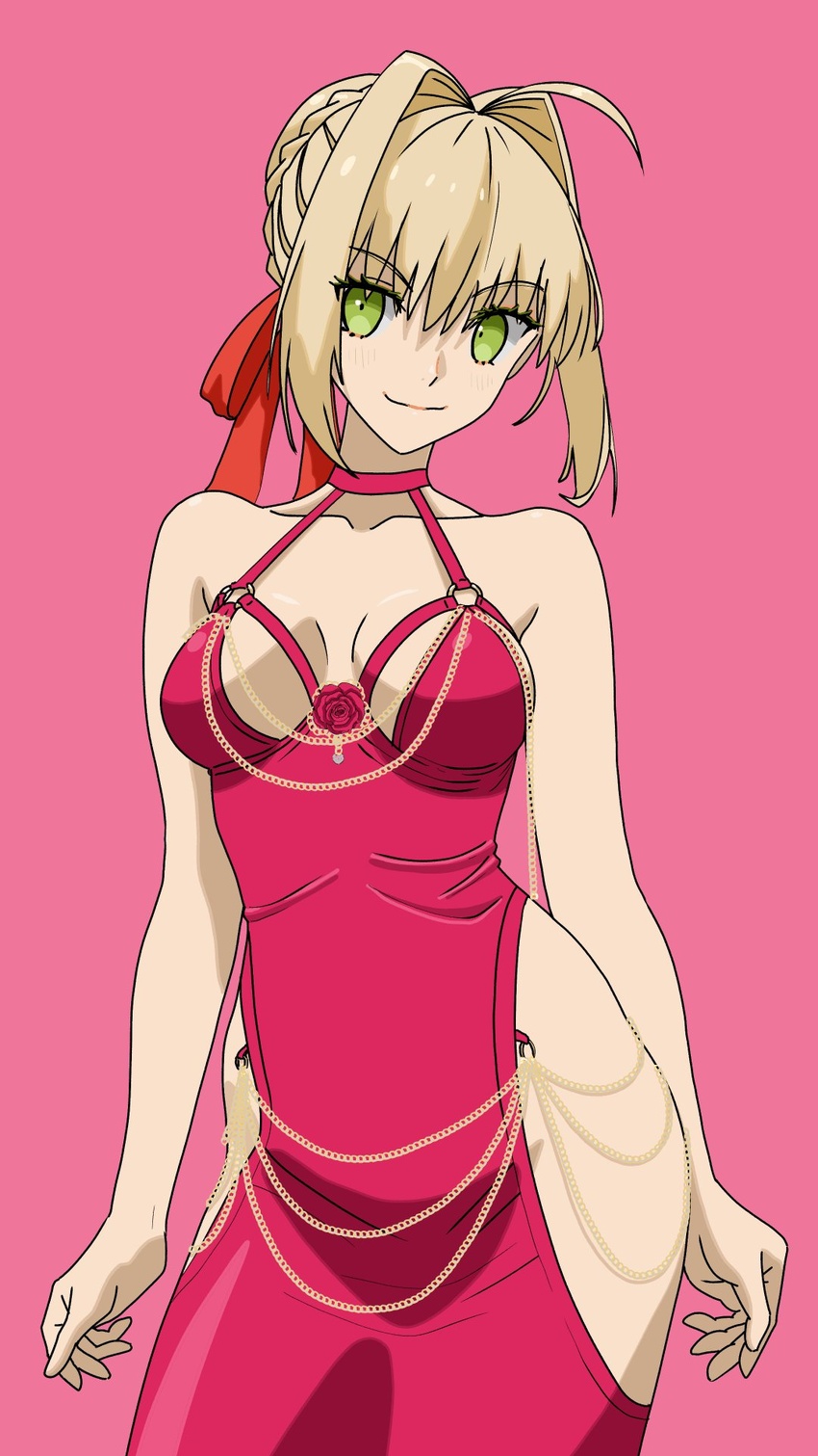 ahoge blonde_hair bow braid breasts chains contrapposto crown_braid dress fate/extra fate/grand_order fate_(series) female green_eyes hair_between_eyes hair_intakes hairbow halter_dress halterneck head_tilt highres hip_vent meme_attire modakawa_dress nero_claudius_(fate) pink_background pink_dress red_bow shoulder_blades sidelocks smile solo taut_clothes taut_dress type_x