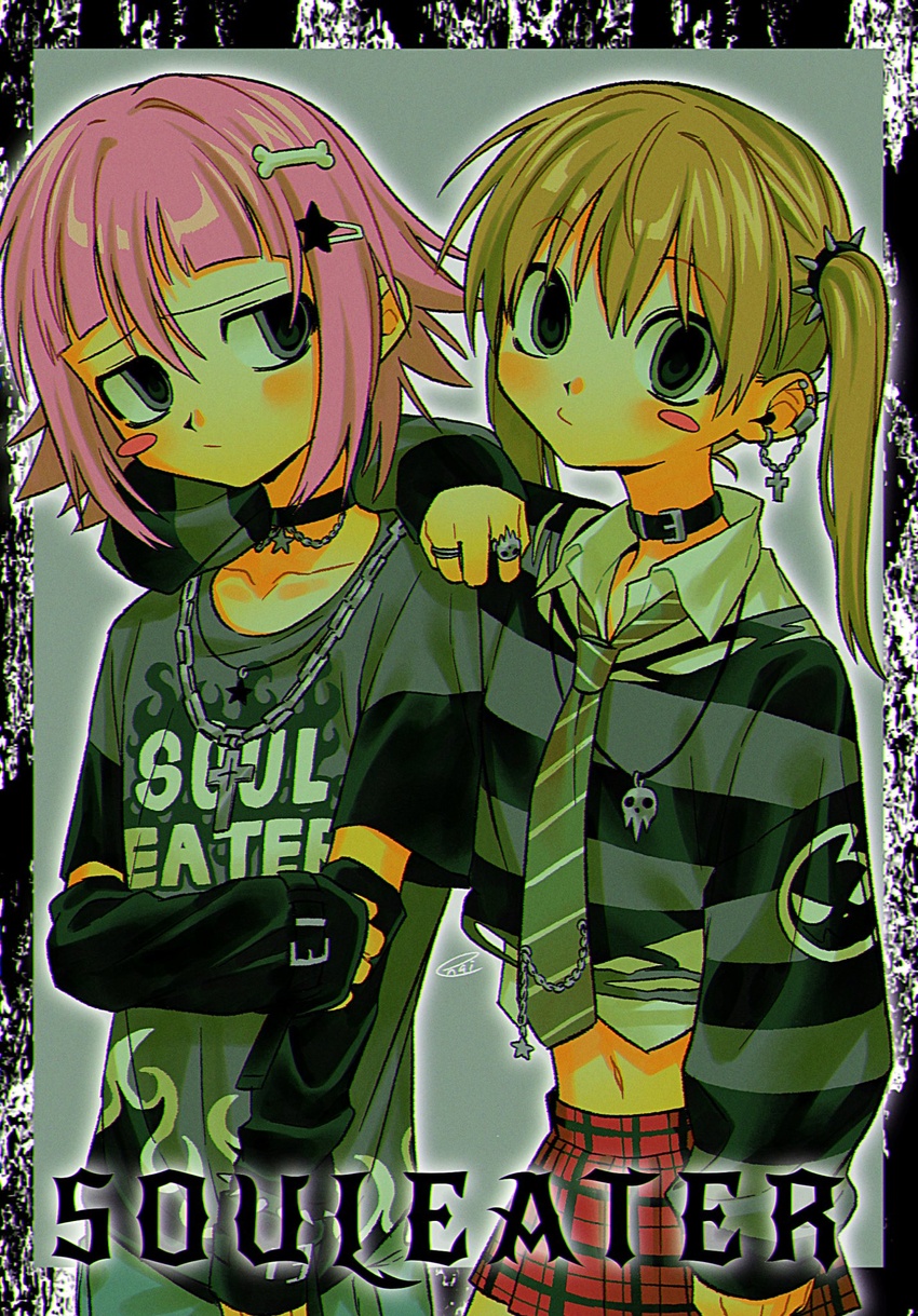 1other alternate_costume arm_warmers black_arm_warmers black_border black_choker blonde_hair blush_stickers bone_hair_ornament border chain_necklace chains choker closed_mouth clothes_writing copyright_name cowboy_shot crona_(soul_eater) cross cross_necklace diagonal-striped_clothes diagonal-striped_necktie ear_piercing female grey_eyes grey_shirt hair_ornament hairclip highres jewelry long_sleeves looking_at_viewer maka_albarn medium_hair menma_(enaic31) midriff miniskirt multiple_rings navel necklace necktie piercing pink_hair plaid plaid_skirt print_shirt ring shirt short_sleeves signature single_blush_sticker skirt skull_necklace skull_ring soul_eater standing star_(symbol) star_hair_ornament striped_clothes striped_shirt twintails