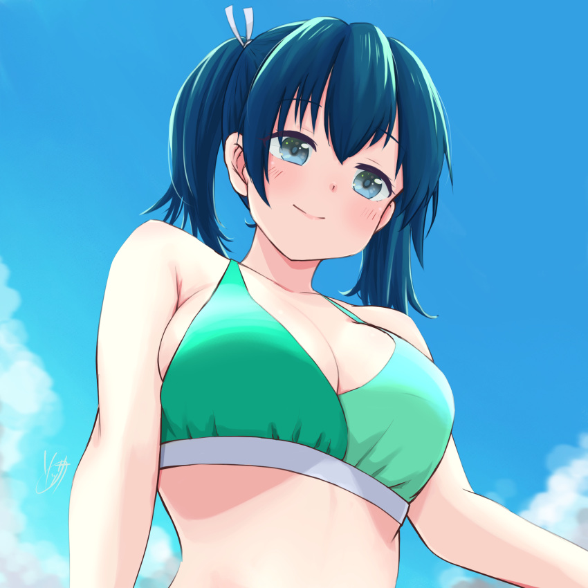 bare_arms bare_shoulders bikini blue_eyes blue_hair blush breasts cleavage closed_mouth collarbone female green_bikini hair_between_eyes hair_ribbon highres kantai_collection large_breasts long_hair revision ribbon smile solo sosser souryuu_(kancolle) swimsuit twitter_username upper_body white_ribbon