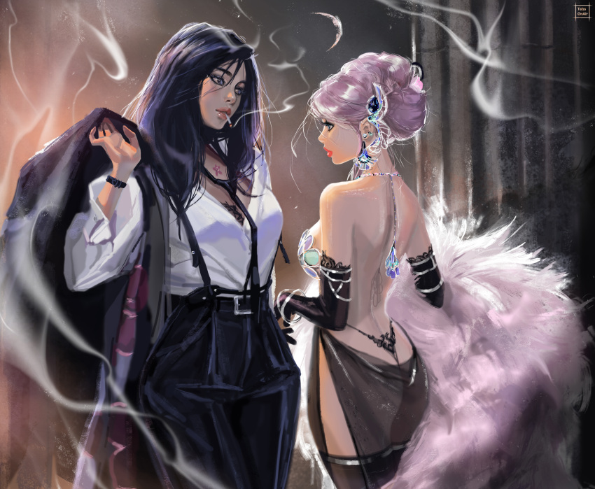 2girls absurdres ass backless_dress backless_outfit belt black_belt black_gloves black_jacket black_necktie black_panties black_pants black_thighhighs blazer blue_eyes blue_hair bracelet breasts cigarette coat commentary dress earrings elbow_gloves english_commentary fur_coat gloves green_eyes hair_behind_ear highres holding holding_clothes holding_coat holding_jacket jacket jewelry long_hair medium_breasts multiple_girls necktie original panties pants pink_lips purple_hair shirt_tucked_in smoking tatti_art thighhighs underwear unworn_coat unworn_jacket variant_set white_coat