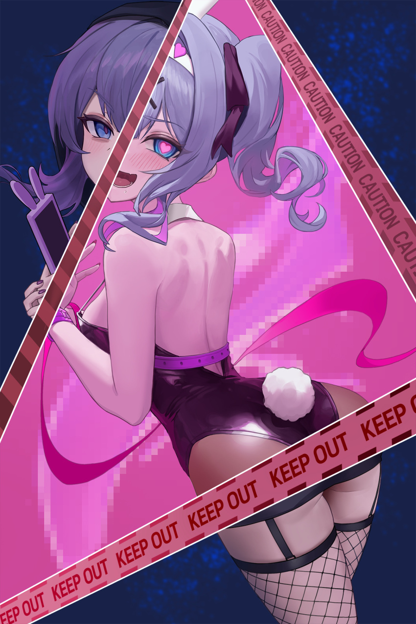 :d animal_ears ass bare_shoulders black_hairband black_leotard black_nails blue_eyes blush breasts caution_tape cellphone fake_animal_ears fake_tail female fishnet_thighhighs fishnets from_behind geomissword grey_hair hairband hatsune_miku highres holding holding_phone keep_out leotard long_hair looking_at_viewer looking_back medium_breasts multicolored_hair nail_polish open_mouth phone pink_hair playboy_bunny rabbit_ears rabbit_hole_(vocaloid) rabbit_tail short_twintails sideboob sidelocks smartphone smile solo strap_gap tail thighhighs twintails two-tone_hair uvula vocaloid white_hairband wrist_cuffs