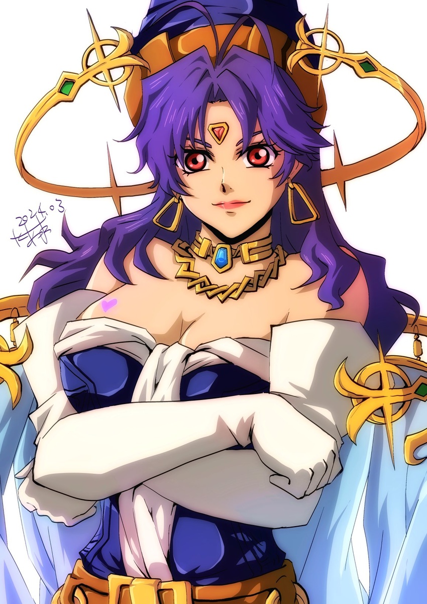 akane_kazami bare_shoulders breast_tattoo breasts cape celine_jules cleavage closed_mouth crossed_arms dated dress earrings elbow_gloves facial_mark female forehead_mark gloves hat heart heart_tattoo highres jewelry lipstick long_hair looking_at_viewer makeup pointy_hat purple_dress purple_hair simple_background smile solo star_ocean star_ocean_the_second_story tattoo white_background witch_hat