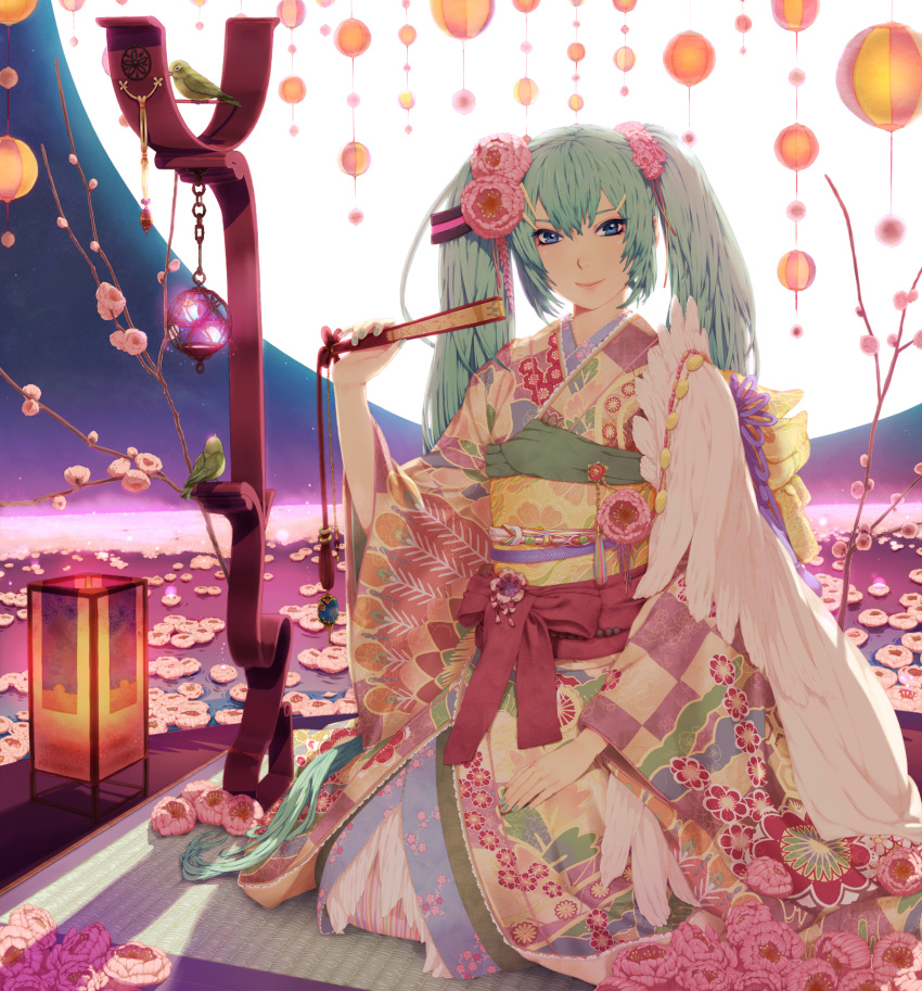 aqua_hair aqua_nails bird blue_eyes commentary_request female hand_fan hatsune_miku highres japanese_clothes kimono long_hair moon nail_polish nayu night sitting smile solo twintails very_long_hair vocaloid water