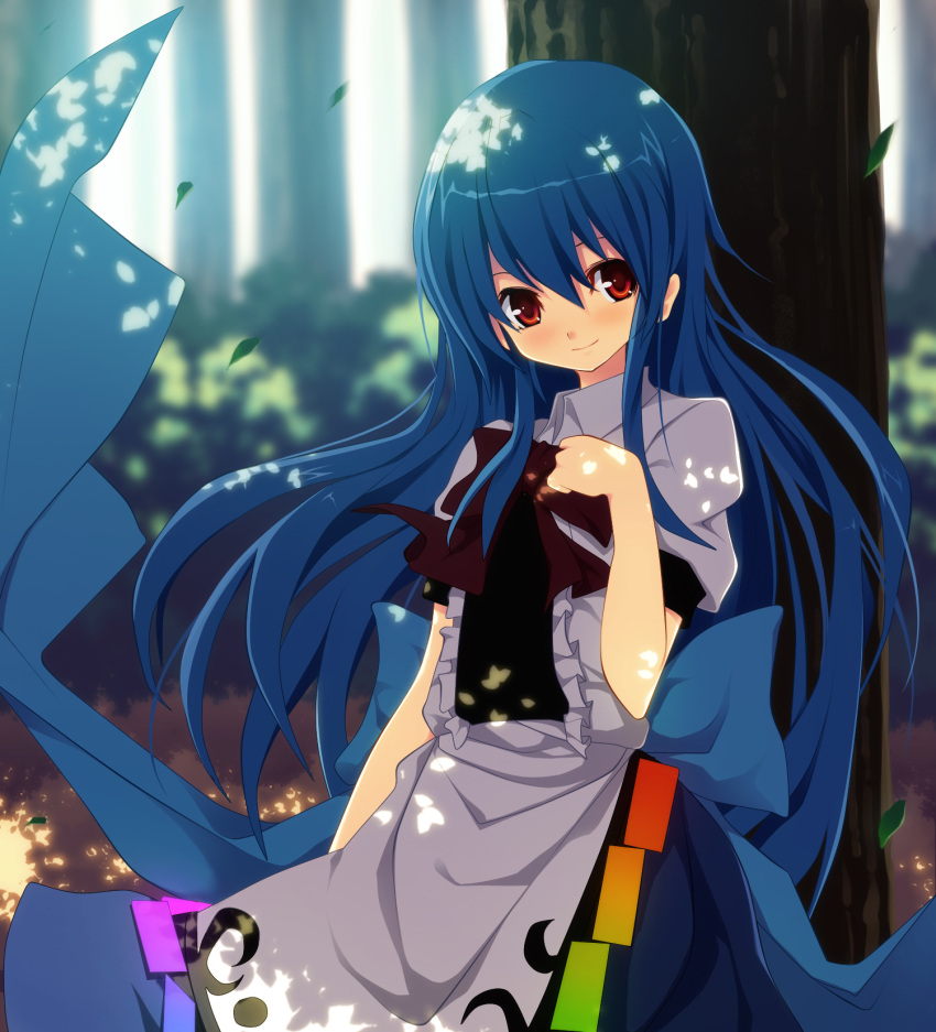 arm_at_side bad_id bad_pixiv_id blue_hair blush closed_mouth collaboration colorized cowboy_shot dappled_sunlight female forest gintarou_(kurousagi108) hair_between_eyes hand_on_own_chest hand_up highres hinanawi_tenshi long_hair looking_at_viewer maid_koubou nature no_headwear outdoors photoshop_(medium) red_eyes sidelocks smile solo standing sunlight touhou tree tree_shade very_long_hair