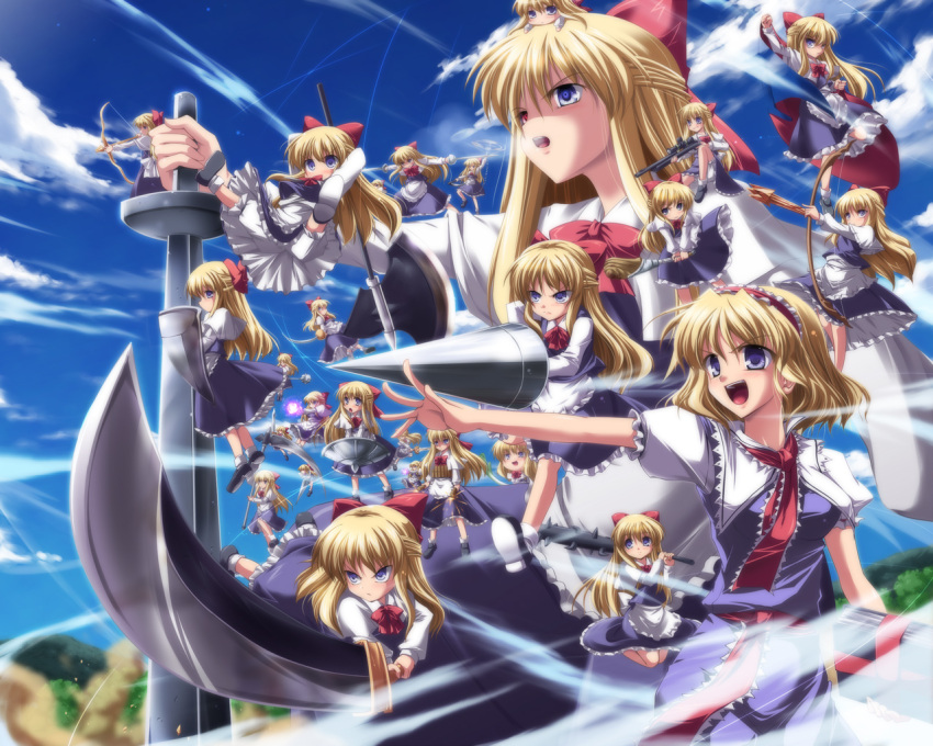 alice_margatroid alternate_weapon apron arrow_(projectile) axe battle_axe blonde_hair bloomers blue_eyes bokusatsu_tenshi_dokuro-chan bomb_belt bow_(weapon) club_(weapon) commentary_request cutlass energy_ball excalibolg female giant giantess goliath_doll gun hair_ribbon hairband heterochromia kanabou kusarigama lance polearm rapier ribbon rifle scimitar scythe shanghai_doll shield sickle sniper_rifle solo spiked_club spring_onion subaru_noji sword touhou underwear weapon yukkuri_shiteitte_ne