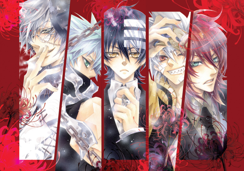 5boys aqua_eyes black_star column_lineup commentary death_the_kid english_commentary flower franken_stein_(soul_eater) glasses grey_hair lee_sun_young male_focus multiple_boys object_through_head photoshop_(medium) red_eyes red_flower red_hair screw_in_head smoking soul_eater soul_evans spider_lily spirit_albarn yellow_eyes