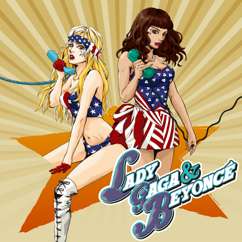 2girls animification araki_hirohiko_(style) bare_shoulders beyonce beyonce_(copyright) blonde_hair boots brown_eyes brown_hair commentary_request corded_phone gloves grey_eyes headband highres jojo_no_kimyou_na_bouken kota_tsu lady_gaga lady_gaga_(copyright) lipstick long_hair makeup mole multicolored_hair multiple_girls nail_polish navel parody phone photoshop_(medium) pink_nails pinky_out real_life real_life_insert star_(symbol) steel_ball_run style_parody talking_on_phone telephone_(lady_gaga) thigh_boots thighhighs two-tone_hair united_states white_hair