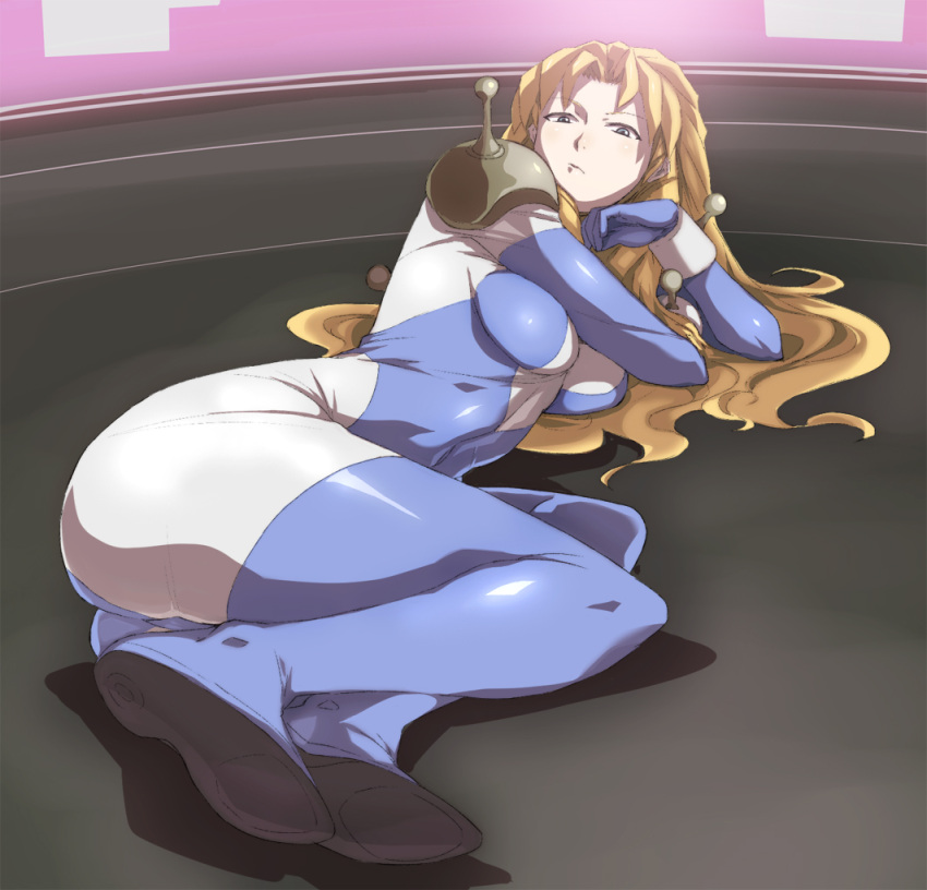 arm_support ass blonde_hair blue_eyes bodysuit commentary_request female g_gundam gundam hamushima legs lying mobile_trace_suit nelly_olson on_side photoshop_(medium) sd_gundam sd_gundam_g-generation solo thighhighs