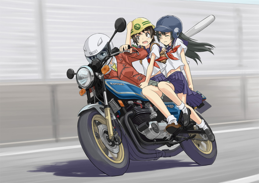 3girls armband baseball_bat baseball_helmet black_hair blue_eyes breasts brown_eyes commentary_request glasses green_armband hand_on_headwear hard_hat helmet holding holding_baseball_bat kawasaki konori_mii legs long_hair medium_breasts metal_baseball_bat motion_blur motor_vehicle motorcycle motorcycle_helmet multiple_girls multiple_riders navel one_eye_closed photoshop_(medium) product_placement riding sakugawa_school_uniform saten_ruiko school_uniform serafuku shoei short_hair skirt summer_uniform toaru_kagaku_no_railgun toaru_majutsu_no_index ugai_yuichi uiharu_kazari