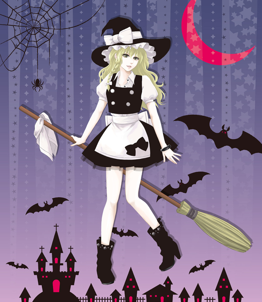 bat_(animal) blonde_hair boots bow bracelet braid broom bug commentary_request female green_eyes halloween hat high_heels highres jewelry kirisame_marisa kota_tsu long_hair photoshop_(medium) shoes silk solo spider spider_web touhou witch_hat