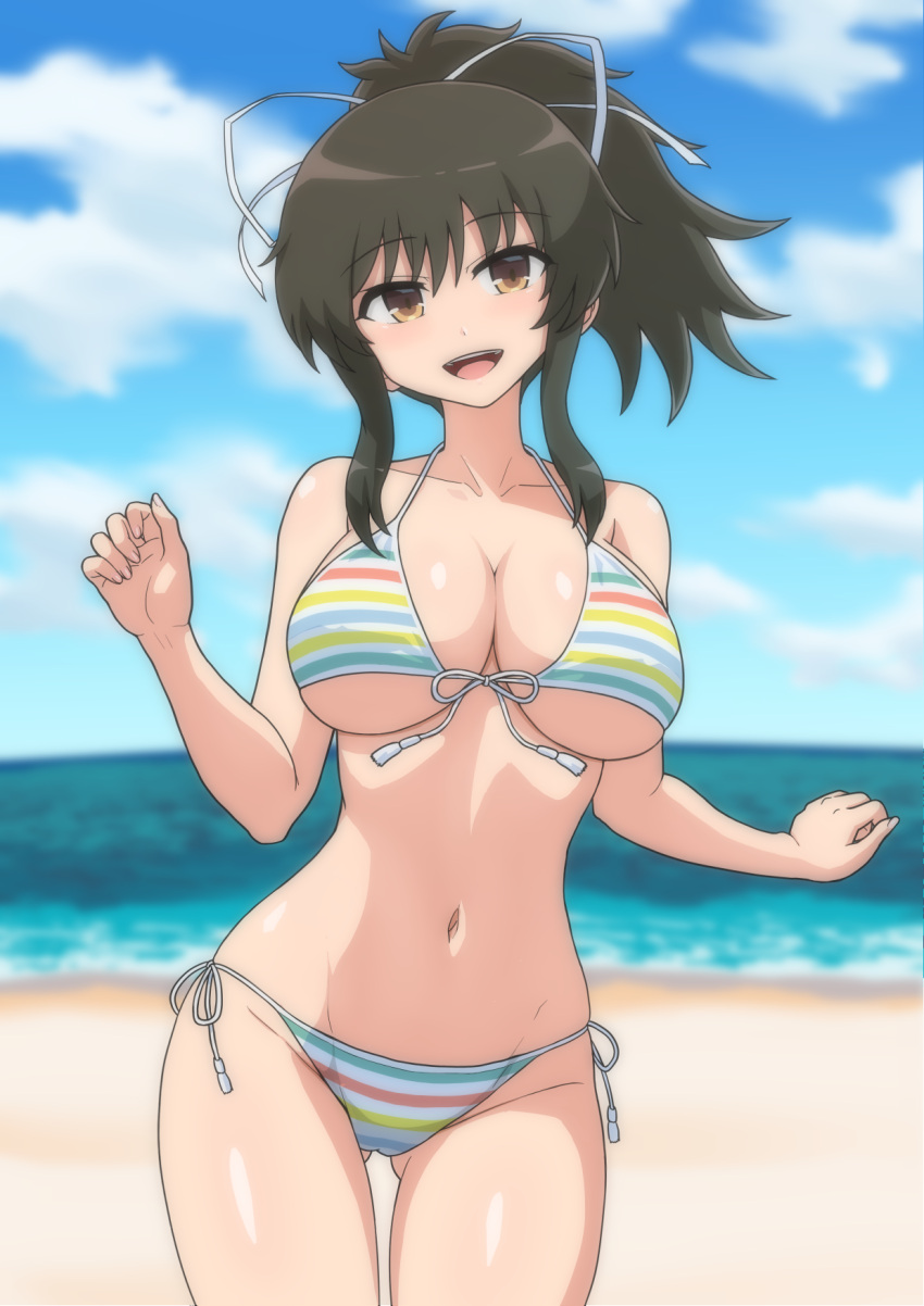 ass_visible_through_thighs asuka_(senran_kagura) beach bikini black_hair blue_sky blurry blurry_background breasts brown_eyes cameltoe cloud day female front-tie_bikini_top front-tie_top hair_ribbon highres kinnan large_breasts long_hair looking_at_viewer multicolored_bikini multicolored_clothes multicolored_stripes ocean open_mouth outdoors ponytail rainbow_bikini ribbon senran_kagura senran_kagura_shoujo-tachi_no_shin'ei short_ponytail side-tie_bikini_bottom sidelocks sky solo striped_bikini striped_clothes swimsuit white_ribbon