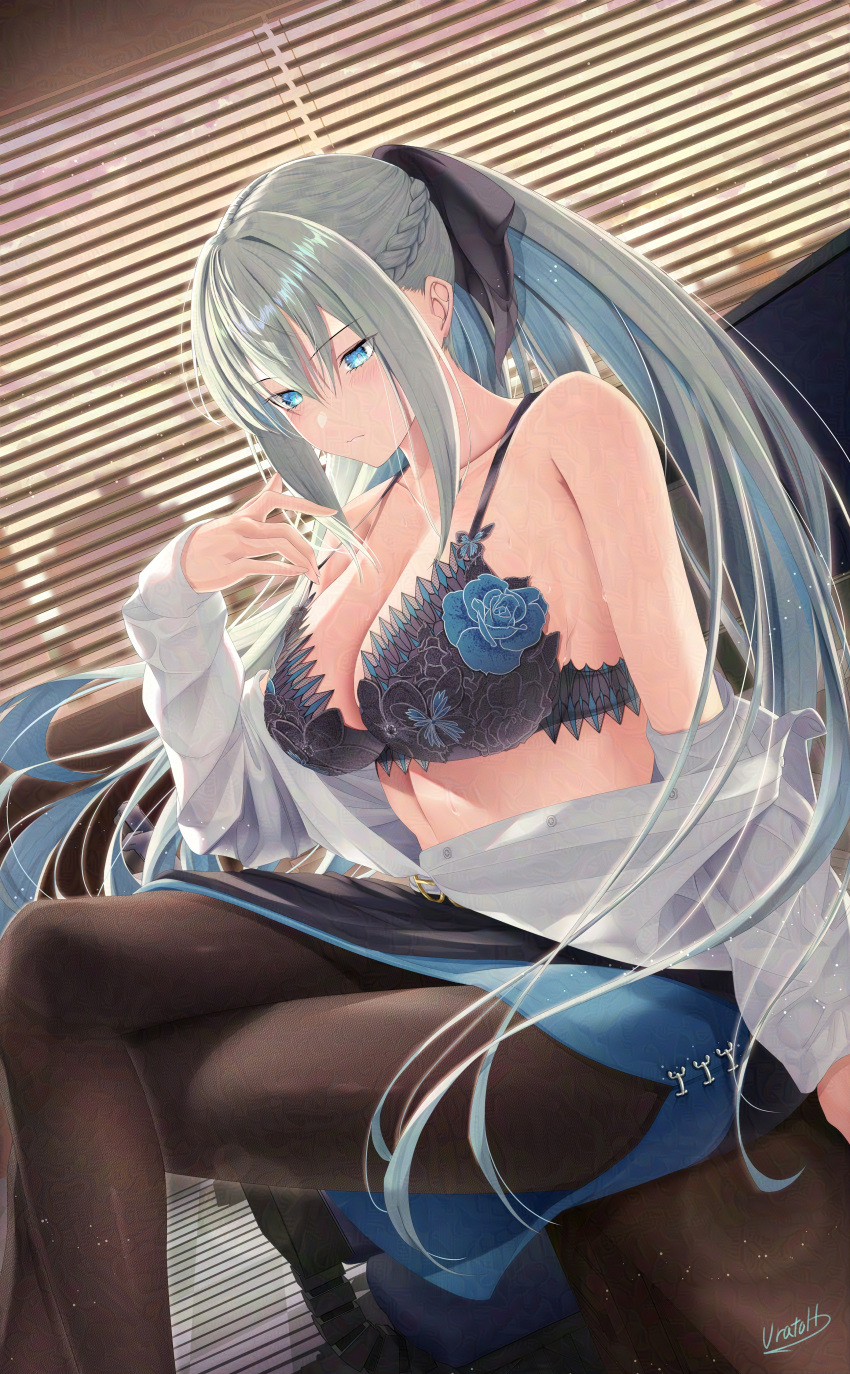 absurdres belt black_bow black_dress black_pantyhose black_skirt blue_eyes blush bow bra braid breasts cleavage collared_shirt commentary_request dress dress_shirt fate/grand_order fate_(series) female front-hook_bra glaze_artifacts grey_hair hairbow half_up_braid highres lace-trimmed_bra lace_trim large_breasts long_hair long_sleeves looking_to_the_side morgan_le_fay_(chaldea_satellite_station)_(fate) morgan_le_fay_(fate) office_lady open_bra pantyhose pencil_skirt ponytail shirt sidelocks skirt solo underwear undone_bra urato_hotaru very_long_hair white_belt white_shirt