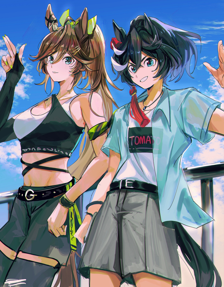 2girls absurdres alternate_costume alternate_hairstyle animal_ears asymmetrical_clothes belt black_belt black_hair black_pants blue_eyes blue_shirt bojue_(hakus_1128) breasts brown_hair clothes_writing collared_shirt ear_covers grey_shorts hair_between_eyes hair_ornament hairclip highres horse_ears horse_girl horse_tail katsuragi_ace_(umamusume) large_breasts long_hair looking_at_viewer midriff mr._c.b._(umamusume) multicolored_hair multiple_girls navel necktie pants ponytail shirt shorts streaked_hair tail umamusume white_hair white_shirt