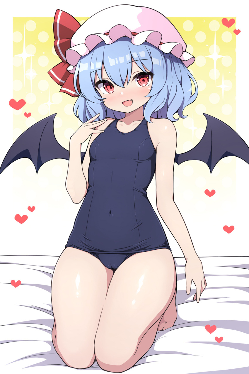 :d bat_wings black_wings blue_hair blue_one-piece_swimsuit breasts collarbone commentary_request covered_navel female gradient_background hat highres looking_at_viewer mob_cap oerba_yun_fang one-piece_swimsuit open_mouth polka_dot polka_dot_background red_eyes remilia_scarlet rizento school_swimsuit short_hair sitting small_breasts smile solo swimsuit thighs touhou wariza white_hat wings yellow_background