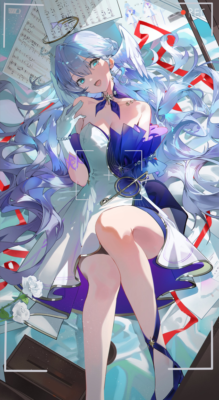 absurdres aqua_eyes bare_shoulders battery_indicator blue_footwear blue_hair bracelet breasts buri_(retty9349) cleavage collarbone commentary dress feathered_wings female flower gloves hair_spread_out halo hashtag-only_commentary head_tilt head_wings highres honkai:_star_rail honkai_(series) jewelry light_blue_hair long_hair looking_at_viewer lying medium_breasts mole mole_under_eye on_back open_mouth pearl_bracelet recording red_ribbon ribbon robin_(honkai:_star_rail) rose sheet_music solo strapless strapless_dress very_long_hair viewfinder wavy_hair white_flower white_gloves white_rose white_wings wings