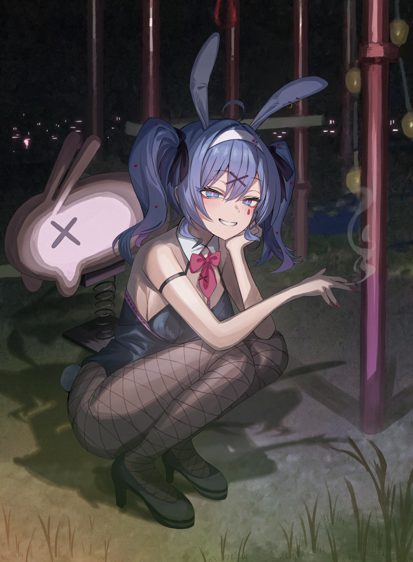 absurdres animal_ear_hairband animal_ears blue_eyes blue_hair bow bowtie cigarette commentary detached_collar fake_animal_ears female fishnet_pantyhose fishnets full_body grin hair_ornament hair_ribbon hairband hairclip hand_on_own_cheek hand_on_own_face hatsune_miku high_heels highres holding holding_cigarette leotard long_hair looking_at_viewer miyabino_(miyabi1616) nail_polish night outdoors pantyhose park playboy_bunny playground rabbit_ear_hairband rabbit_ears rabbit_hole_(vocaloid) ribbon smile smoking solo squatting teardrop_facial_mark twintails vocaloid x_hair_ornament