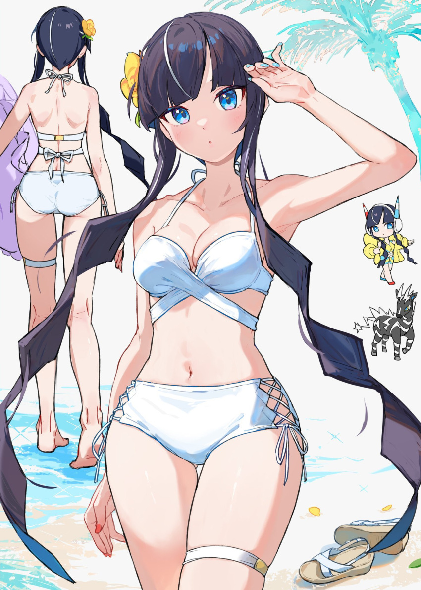 asymmetrical_footwear bikini black_hair blue_eyes blush breasts coat elesa_(pokemon) female fur_coat fur_jacket headphones highres jacket long_hair looking_at_viewer mismatched_footwear ocean pantyhose pokemon pokemon_(creature) pokemon_bw2 side-tie_bikini_bottom sidelocks swim_ring swimsuit white_bikini yellow_coat yellow_jacket yosame0a zebstrika