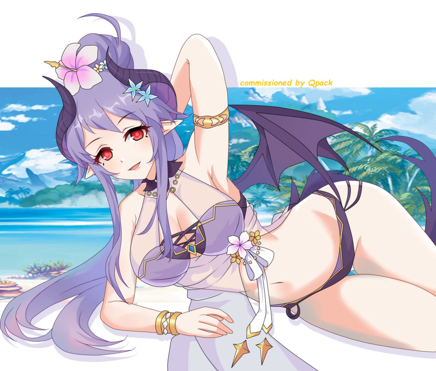 arm_behind_head arm_up armlet armpits beach bikini bracelet breasts cleavage demon_girl demon_horns demon_wings female flower hair_flower hair_ornament highres homare_(princess_connect!) horns jewelry large_breasts long_hair looking_at_viewer lying maxwelzy navel official_alternate_costume on_side open_mouth pointy_ears ponytail princess_connect! purple_hair red_eyes see-through smile solo swimsuit thigh_gap tree wings