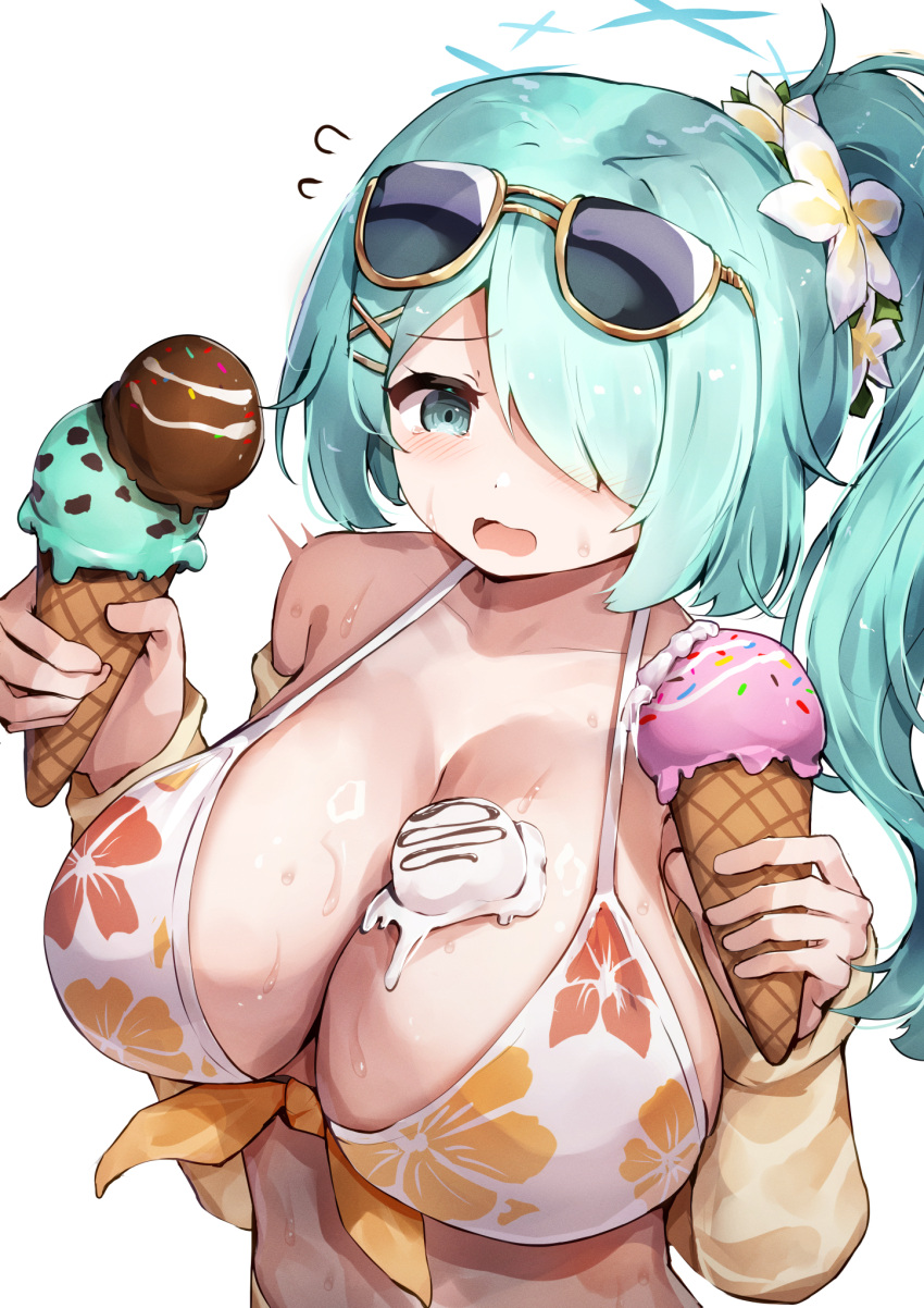 aqua_hair bikini blue_archive blush breasts eyewear_on_head female floral_print_bikini flower food food_on_body hair_flower hair_ornament hair_over_one_eye halo highres hiyori_(blue_archive) hiyori_(swimsuit)_(blue_archive) huge_breasts ice_cream ice_cream_cone long_hair multicolored_bikini multicolored_clothes official_alternate_costume open_mouth orange_bikini se-u-ra side_ponytail simple_background solo sunglasses swimsuit white_bikini