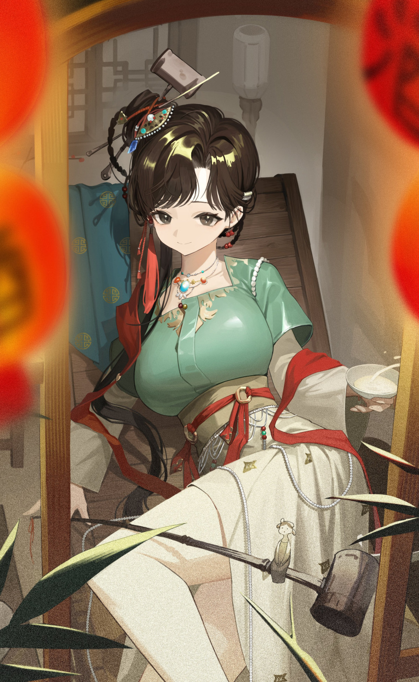 absurdres bamboo bare_legs black_eyes black_hair blurry blurry_foreground breasts chinese_clothes chinese_hairpin cropped cup dangoose dipper feet_out_of_frame female from_above from_outside green_shirt hair_bun hair_ornament hanfu highres holding holding_cup holding_spoon jewelry jiu_niangzi lantern large_breasts lattice layered_sleeves liquid long_hair long_sleeves looking_at_viewer lying necklace on_side paper_lantern red_shawl reverse:1999 shawl shirt short_over_long_sleeves short_sleeves single_side_bun skirt smile solo spoon statuette tassel tassel_hair_ornament underbust white_sleeves window yellow_skirt