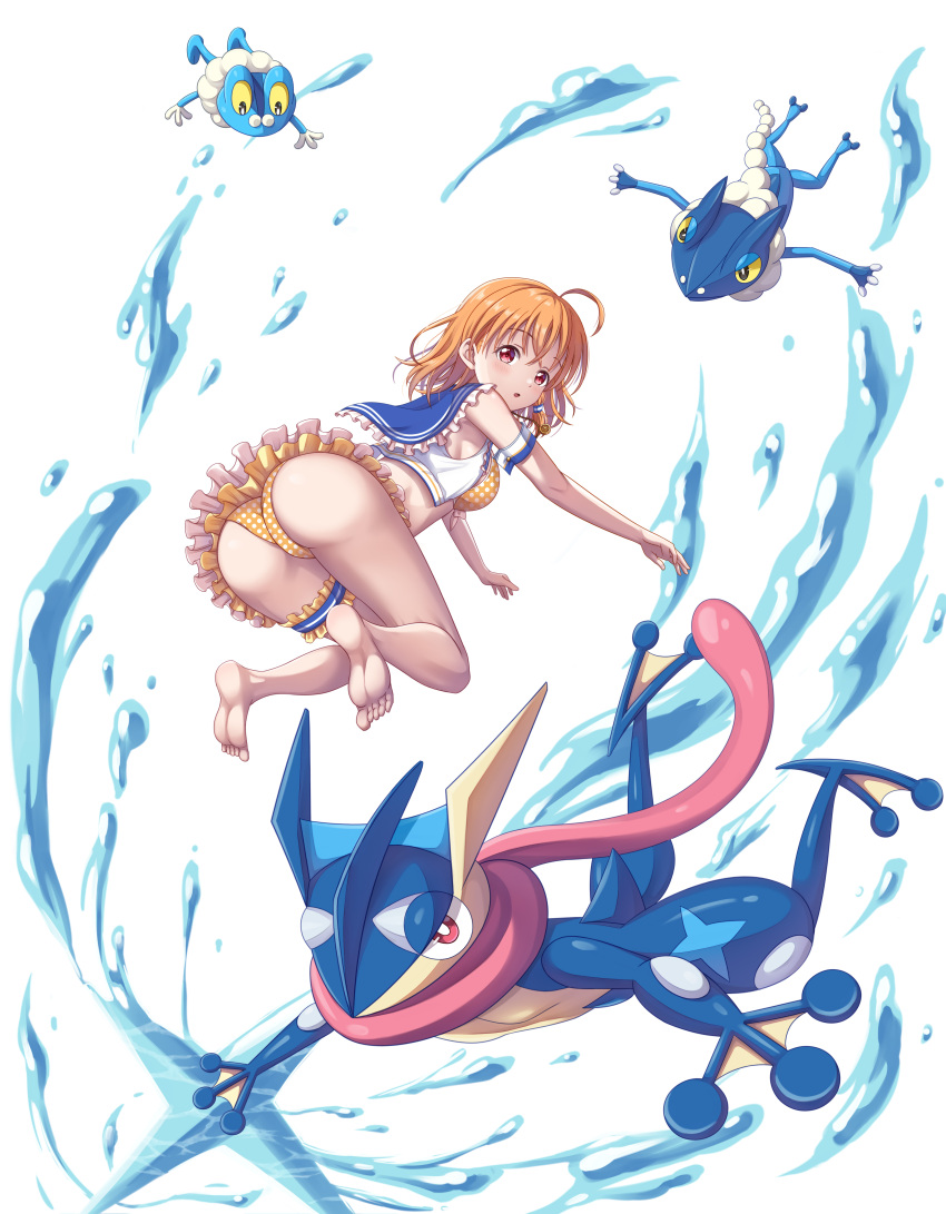 absurdres ahoge ass bikini birthday blush breasts commentary_request crossover female froakie frogadier greninja highres looking_at_viewer love_live! love_live!_sunshine!! ninja orange_hair pokemon pokemon_(creature) red_eyes short_hair shuriken small_breasts swimsuit takami_chika tongue tongue_out tsukimi_seiya water weapon white_background