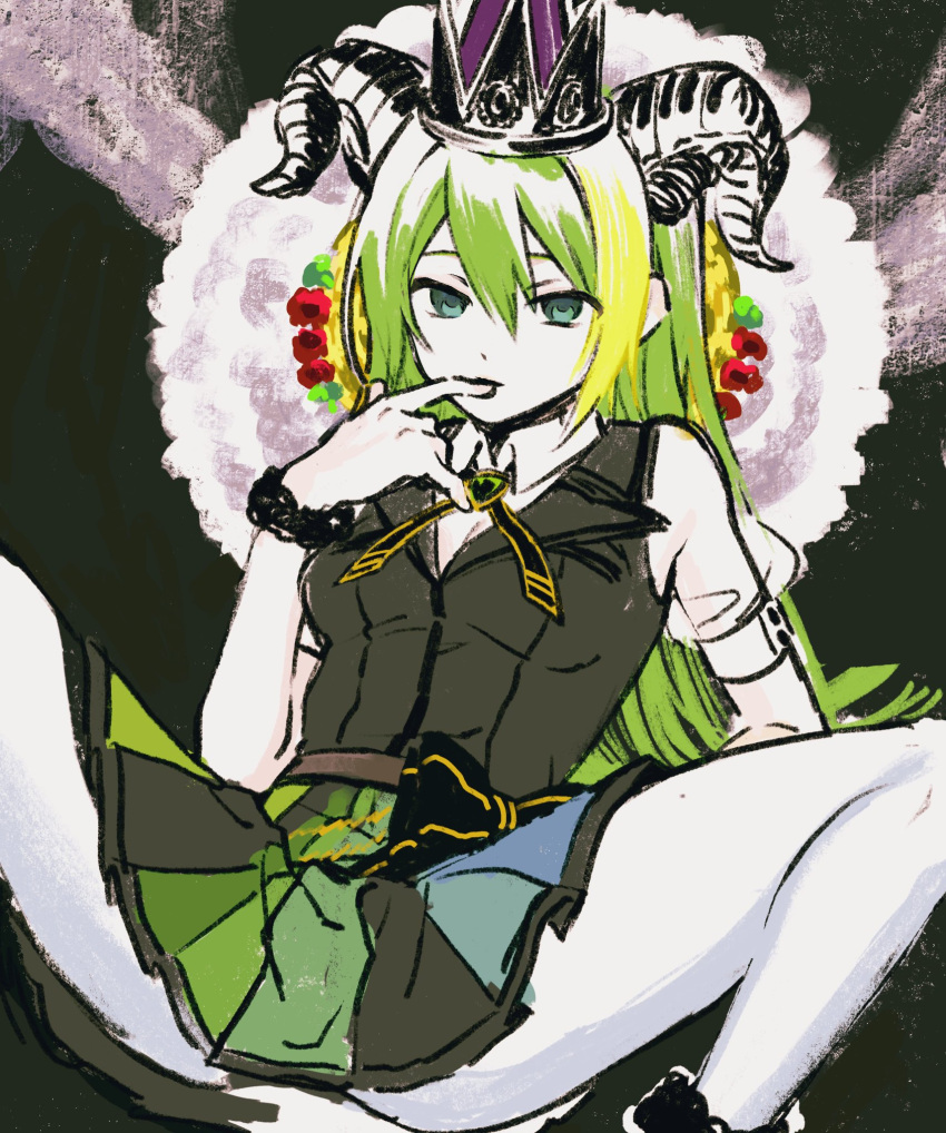 alina_gray aqua_eyes black_bow black_necktie black_vest blunt_ends bow boyano brooch chains commentary_request cross_tie crown detached_collar female fur_cuffs green_hair hair_between_eyes highres jewelry lapels long_hair magia_record:_mahou_shoujo_madoka_magica_gaiden magical_girl mahou_shoujo_madoka_magica multicolored_clothes multicolored_hair multicolored_skirt necktie neo_dorothy_motherfucker notched_lapels old_dorothy pleated_skirt puffy_short_sleeves puffy_sleeves see-through see-through_sleeves short_sleeves sidelocks skirt sleeve_cuffs solo straight_hair streaked_hair striped_clothes striped_skirt v-neck vertical-striped_clothes vertical-striped_skirt very_long_hair vest waist_bow white_sleeves