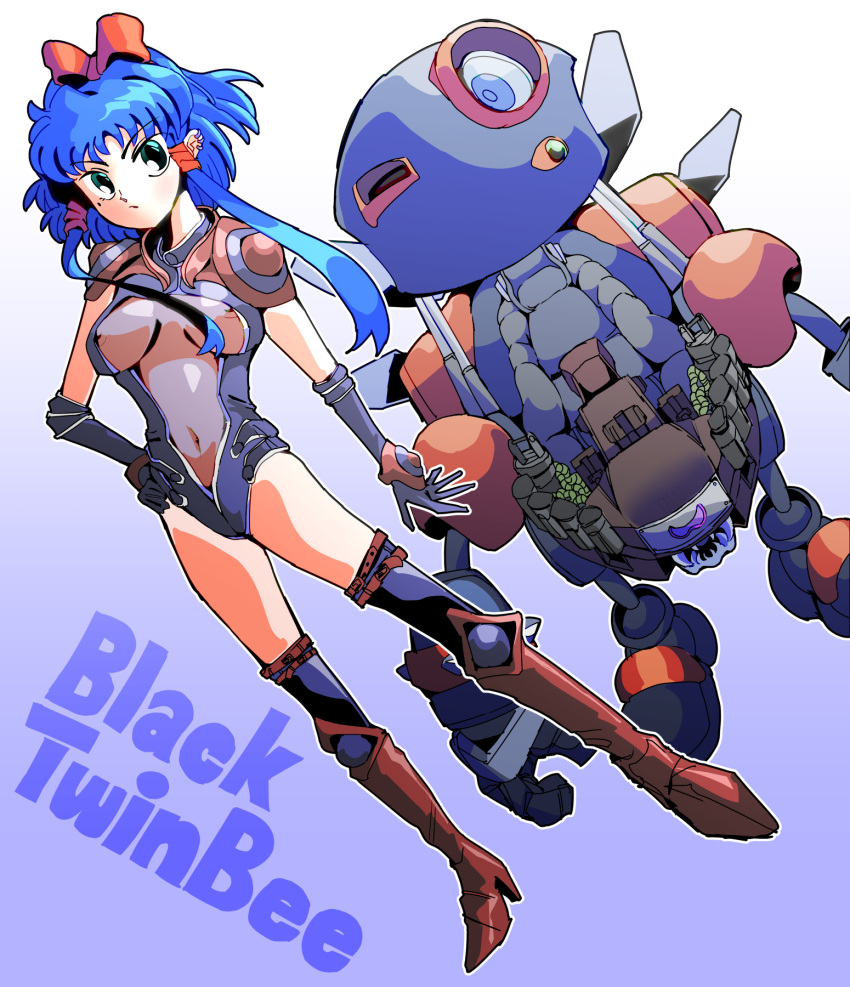 beeyan64 black_gloves black_thighhighs black_twinbee_02 blue_hair boots bow character_name covered_navel ear_piercing female gloves gradient_background hand_on_own_hip highres leotard piercing red_bow robot salute_(twinbee) short_hair_with_long_locks standing thigh_strap thighhighs twinbee twinbee_paradise