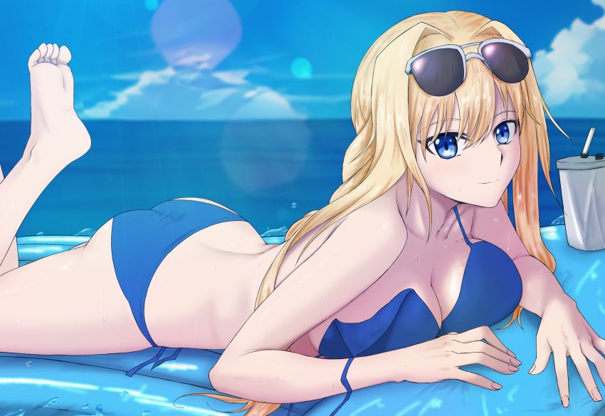 absurdres alice_zuberg alternate_costume ass bikini blonde_hair blue_bikini blue_eyes blue_sky breasts cleavage closed_mouth cloud cloudy_sky collarbone commentary_request day feet_up female foot_out_of_frame highres inflatable_raft large_breasts light_rays light_smile looking_at_viewer lying ocean on_stomach outdoors paid_reward_available sigure_yusyo sky solo strap_slip sunbeam sunlight sweat swimsuit sword_art_online sword_art_online:_alicization very_sweaty