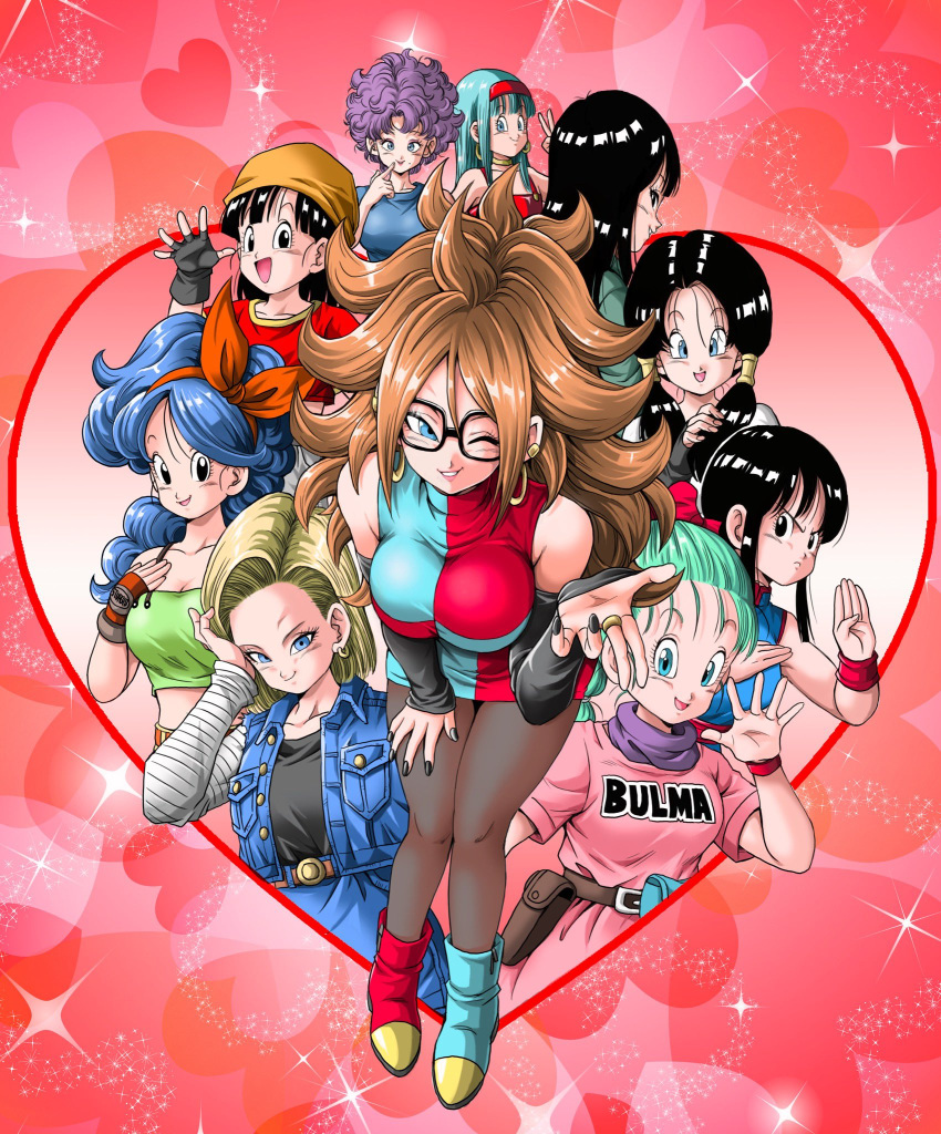 6+girls android android_18 android_21 aqua_dress aqua_eyes aqua_hair bandana belt belt_buckle big_hair black-framed_eyewear black_hair black_nails black_pantyhose black_shirt black_sleeves blonde_hair blowing_kiss blue_hair blue_shirt blue_vest blunt_bangs bra_(dragon_ball) breasts brown_belt buckle bulma_briefs character_name checkered_clothes checkered_dress chi-chi_(dragon_ball) cleavage commentary_request crop_top curly_hair denim_vest dragon_ball dragon_ball_(classic) dragon_ball_fighterz dragon_ball_gt dragon_ball_z dress earrings eyeshadow fingerless_gloves full_body glasses gloves gold_choker gold_earrings gold_ring green_shirt hairband hand_in_own_hair hand_on_own_thigh hashtag-only_commentary heart highres holster hoop_earrings jewelry large_breasts leaning_forward long_hair looking_at_viewer looking_back low_twintails lunch_(dragon_ball) lunch_(good)_(dragon_ball) mai_(dragon_ball) makeup medium_hair mother_and_daughter multiple_girls one_eye_closed open_mouth orange_bandana orange_hair pan_(dragon_ball) pantyhose parent_and_child pink_dress pink_eyeshadow pink_lips purple_hair ranfan red_dress red_hairband red_lips red_shirt red_wristband shirt short_hair shorts sleeveless sleeveless_dress sparkle teeth twintails upper_body v vest videl watch waving wristwatch yellow_shorts youngjijii