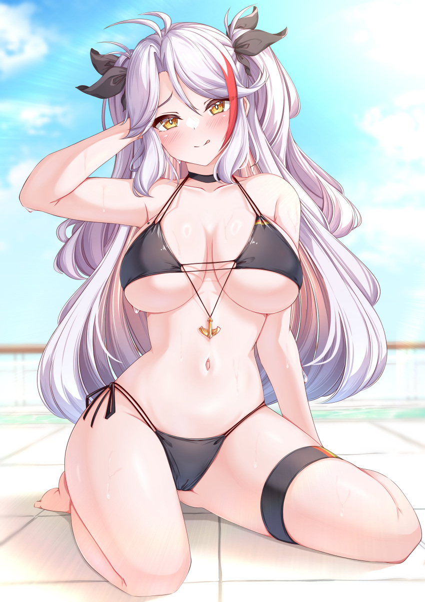 absurdres antenna_hair arm_behind_head arm_up ass_visible_through_thighs azur_lane bare_arms bare_legs bare_shoulders barefoot bikini black_bikini black_choker black_ribbon breasts choker collarbone commentary_request female full_body grey_hair groin hair_ribbon highres large_breasts long_hair looking_at_viewer moyoron multicolored_hair navel parted_bangs prinz_eugen_(azur_lane) prinz_eugen_(unfading_smile)_(azur_lane) red_hair ribbon skindentation solo streaked_hair swimsuit thigh_strap tile_floor tiles two_side_up very_long_hair