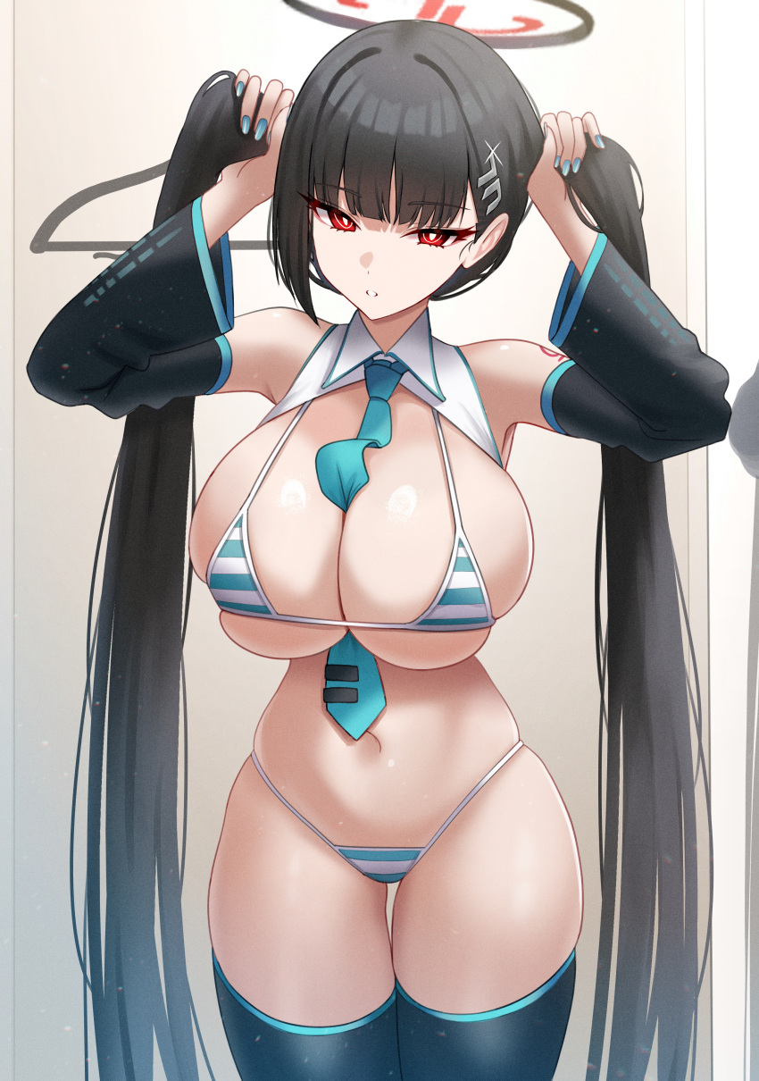 :o absurdres aqua_bikini aqua_nails aqua_necktie aqua_trim bare_shoulders between_breasts bikini black_hair black_halo black_sleeves blue_archive blunt_bangs breasts bright_pupils cosplay detached_collar detached_sleeves female hair_ornament hairclip halo hands_up hatsune_miku hatsune_miku_(cosplay) highres holding holding_own_hair horizontal-striped_bikini huge_breasts long_hair looking_at_viewer meme_attire micro_bikini mijikayo miku_collar_bikini nail_polish navel necktie necktie_between_breasts number_tattoo parted_lips red_eyes rio_(blue_archive) shoulder_tattoo skindentation solo stomach striped_bikini striped_clothes swimsuit tattoo thick_thighs thigh_gap thighs tie_clip twintails very_long_hair vocaloid white_pupils