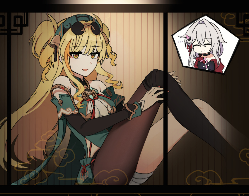 ... 2girls bell blonde_hair closed_eyes clothing_cutout dress eyewear_on_head green_dress hair_intakes highres honkai_(series) honkai_impact_3rd knees_up lix_(iroiro3843) long_hair long_sleeves looking_at_viewer multiple_girls open_mouth round_eyewear short_twintails shoulder_cutout single_leg_pantyhose sitting smile songque sunglasses thelema_nutriscu twintails wariza white_hair