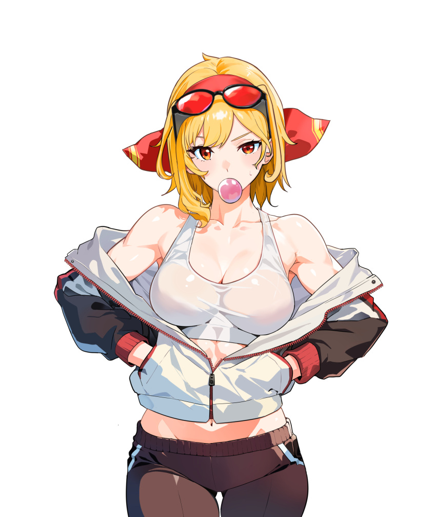 alternate_costume bare_shoulders blonde_hair breasts chewing_gum cleavage collarbone eyewear_on_head female hands_in_pockets highres hololive hololive_indonesia jacket kaela_kovalskia looking_at_viewer medium_breasts medium_hair midriff muscular navel off_shoulder popo_(popo0cat) red-tinted_eyewear red_eyes simple_background solo sports_bra sunglasses tinted_eyewear white_background