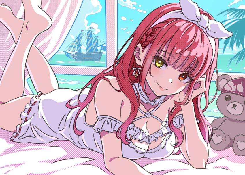 bare_shoulders breasts cleavage commentary_request dress earrings female full_body hair_ribbon heart heart_earrings heterochromia hololive houshou_marine houshou_marine_(8th_costume) indoors jewelry large_breasts long_hair looking_at_viewer lying nishiwaki on_bed on_stomach pirate_ship red_eyes red_hair ribbon smile solo stuffed_animal stuffed_toy teddy_bear virtual_youtuber white_dress white_ribbon window yellow_eyes