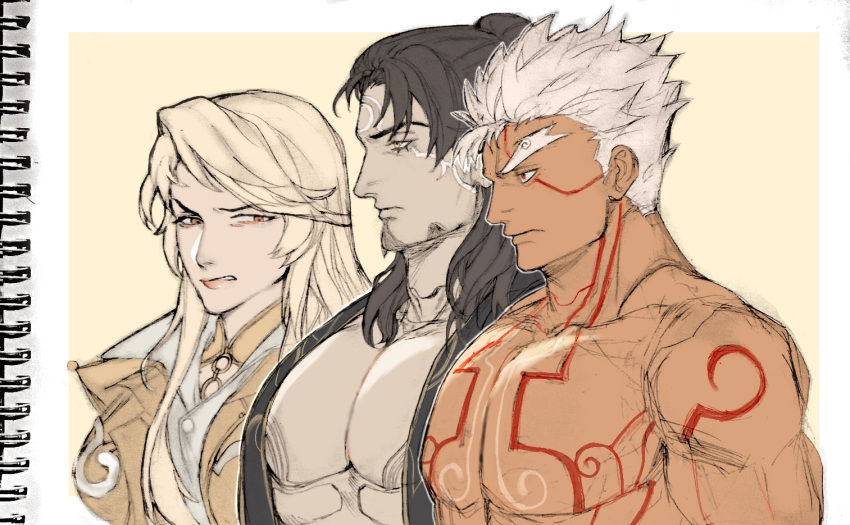 2boys asura's_wrath bara beard_stubble black_hair character_request dark-skinned_male dark_skin expressionless facial_hair female forked_eyebrows from_side girl_staring_at_guy's_chest_(meme) large_pectorals long_hair looking_at_another maruneia_art mature_male meme multiple_boys muscular muscular_male no_nipples pectorals profile short_hair spiked_hair stubble three_quarter_view upper_body white_hair