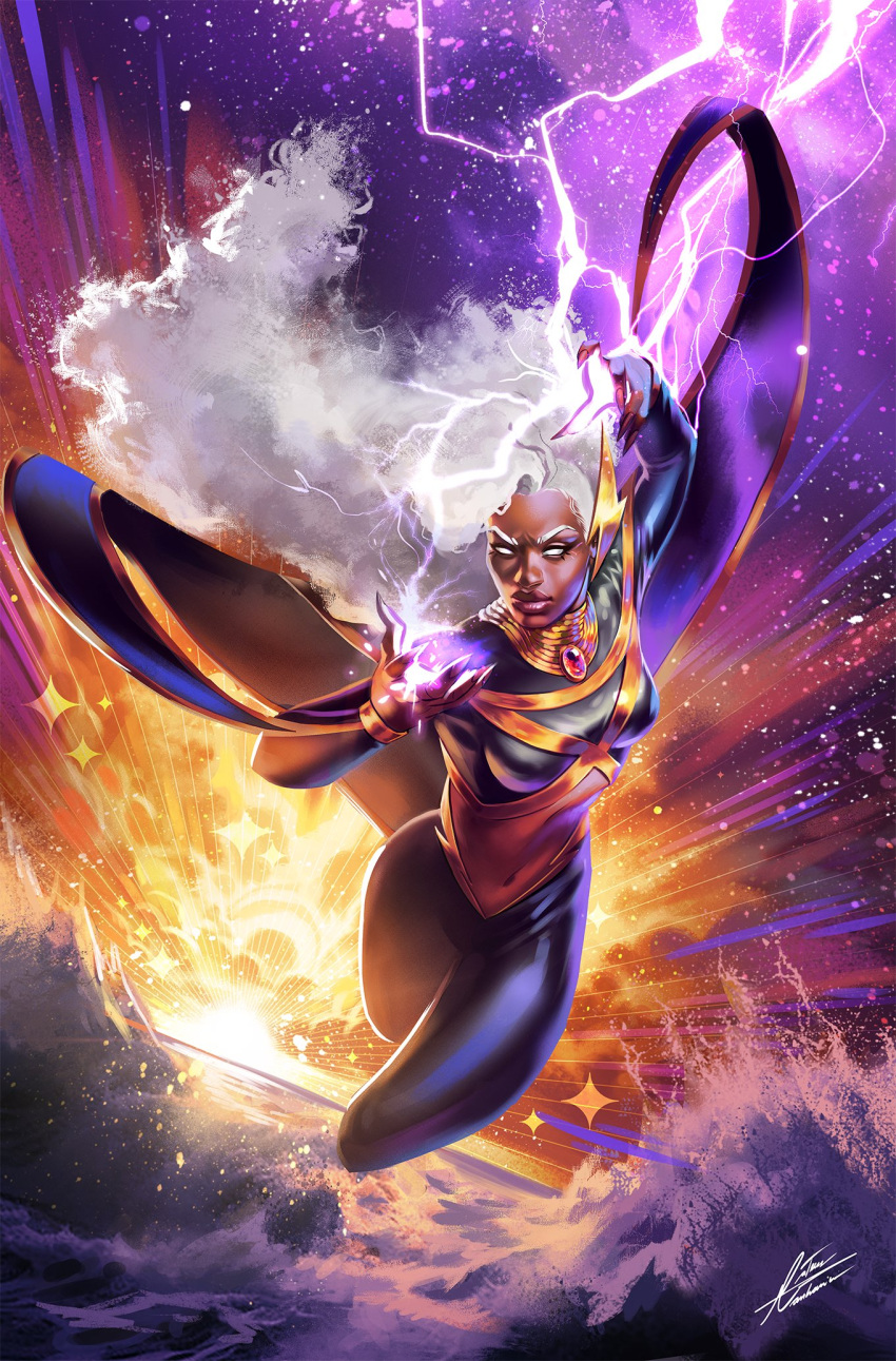 artist_name cloud comic_cover commentary dark-skinned_female dark_skin earrings english_commentary female flying highres jewelry lightning lightning_bolt_earrings lightning_bolt_symbol marvel official_art ororo_munroe signature solo storm storm_(x-men) superhero_costume tintanega very_dark_skin western_comics_(style) x-men